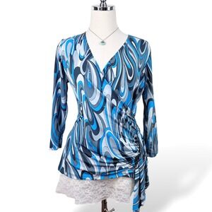 2000's Womens M Blue Abstract Print Ruched Top Sequin Stretch Retro Dressbarn